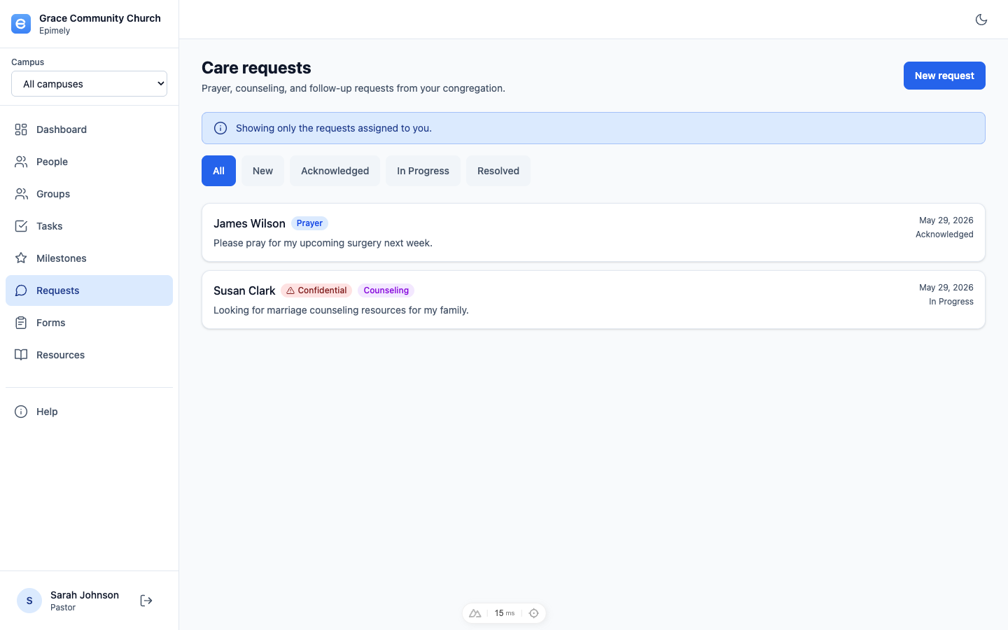 Care requests in Epimely