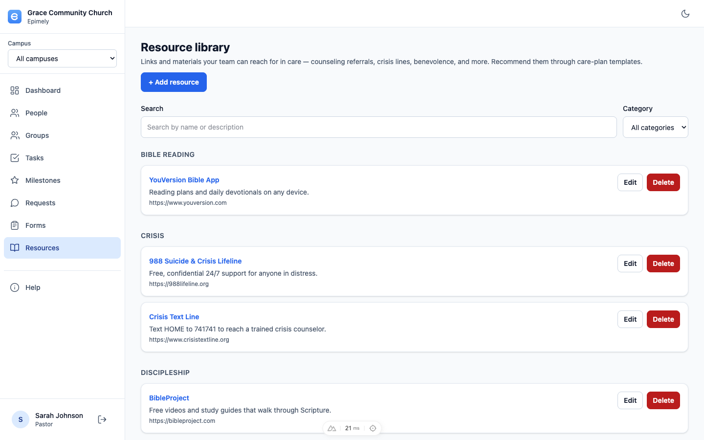 Resource library in Epimely
