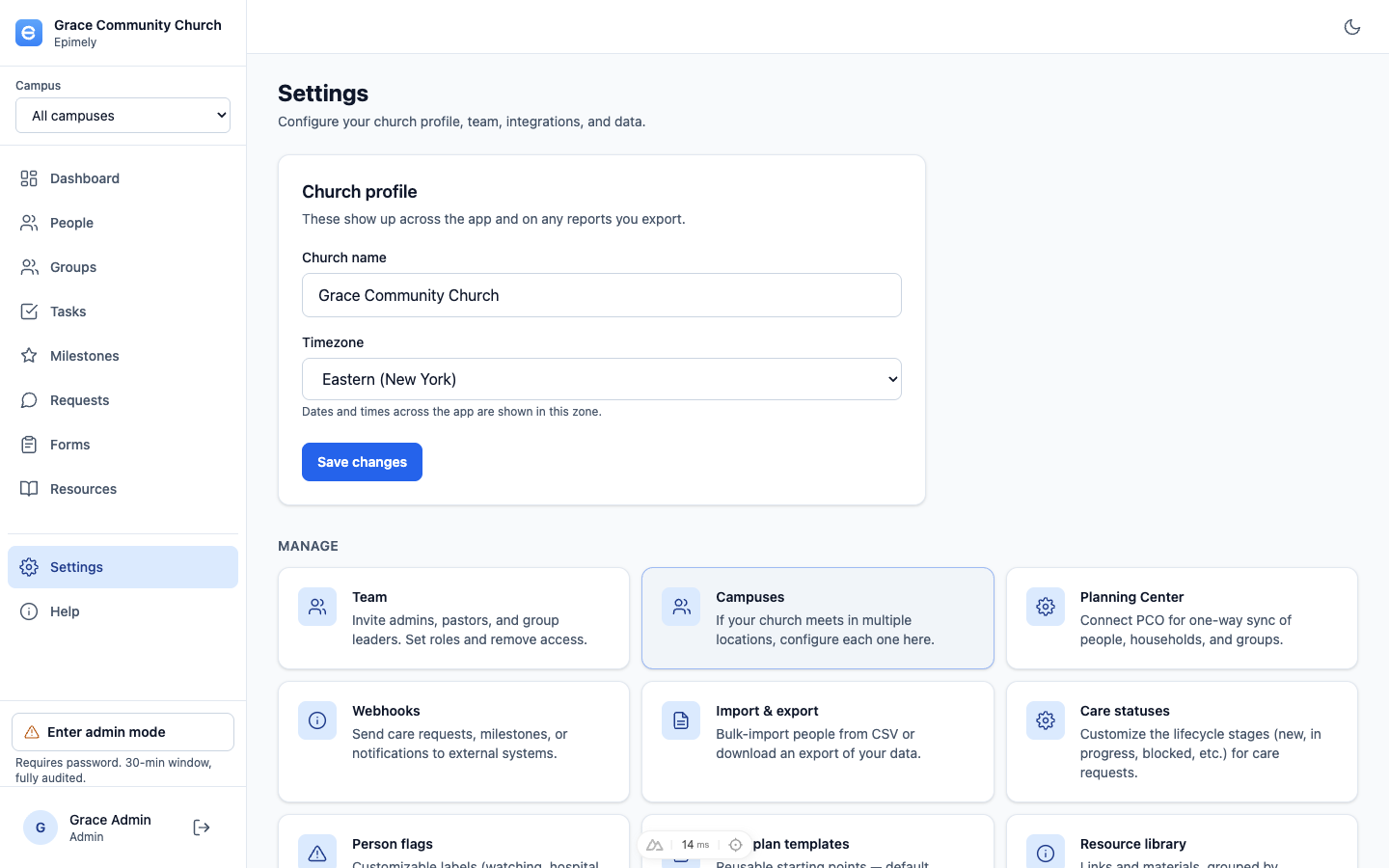 Settings in Epimely