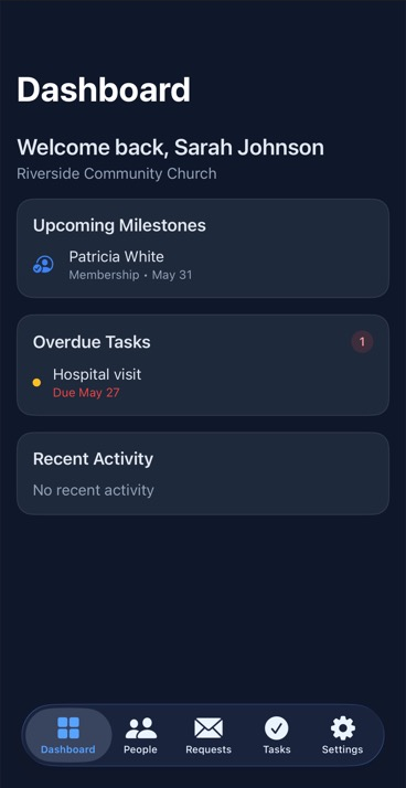 Epimely on iPhone -- dashboard with upcoming milestones and overdue tasks